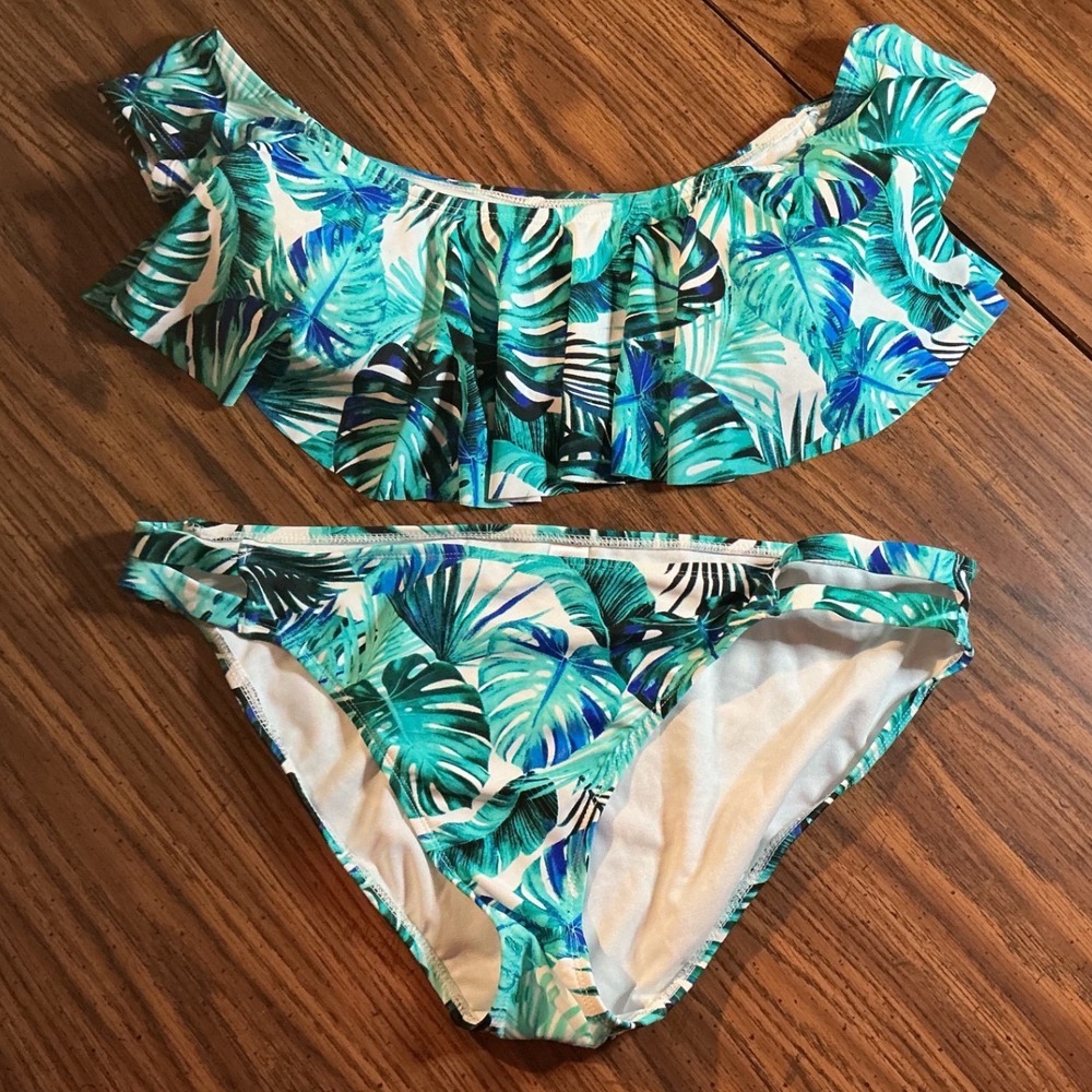 No Boundaries Bikini Set Womens L/XL Teal Tropical Palm Leaf Excellent Ruffle